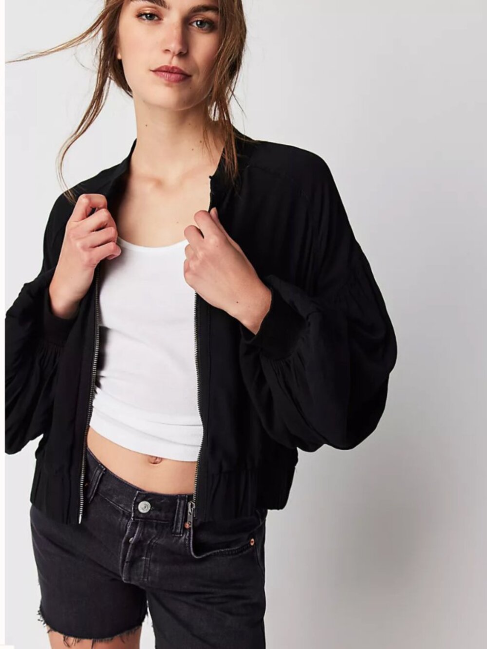 Free People On Pointe Black Bomber Jacket Balloon Sleeve Size L